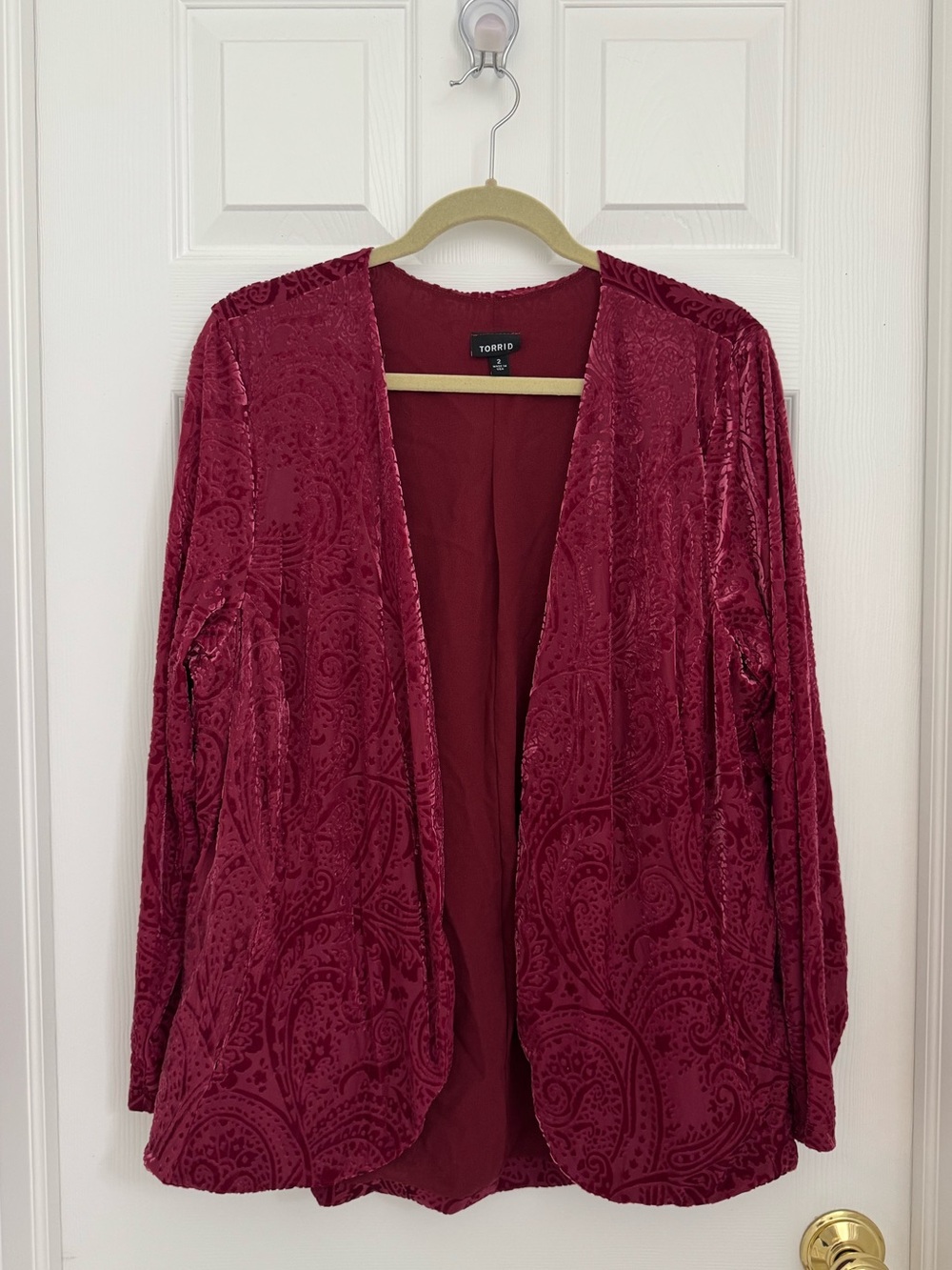 Torrid Size 2 Burgundy Velvet Burnout Paisley Open Front Jacket